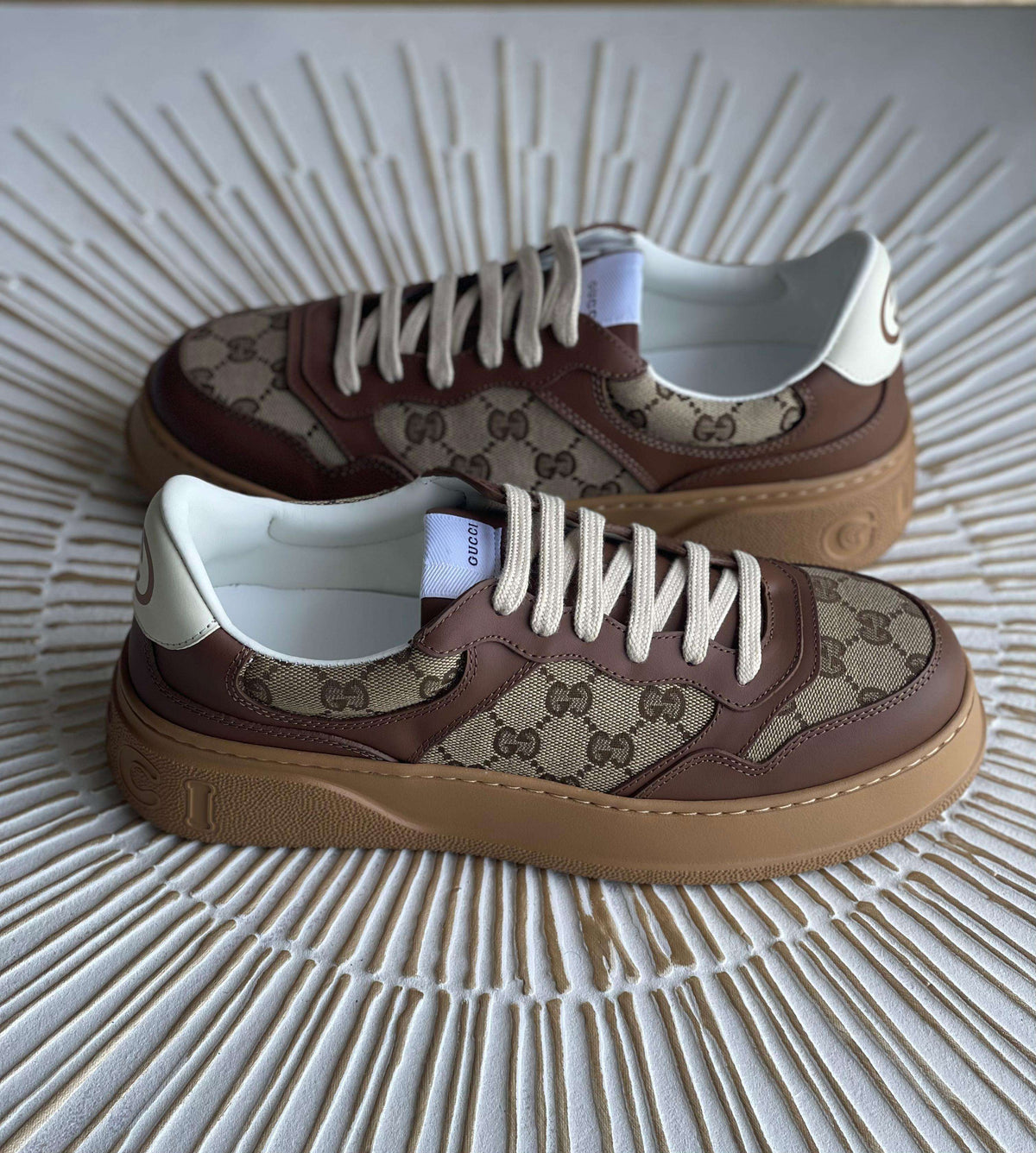 Gucci Women’s GG Canvas Leather-Trimmed Sneakers – Brown (Mytheresa)