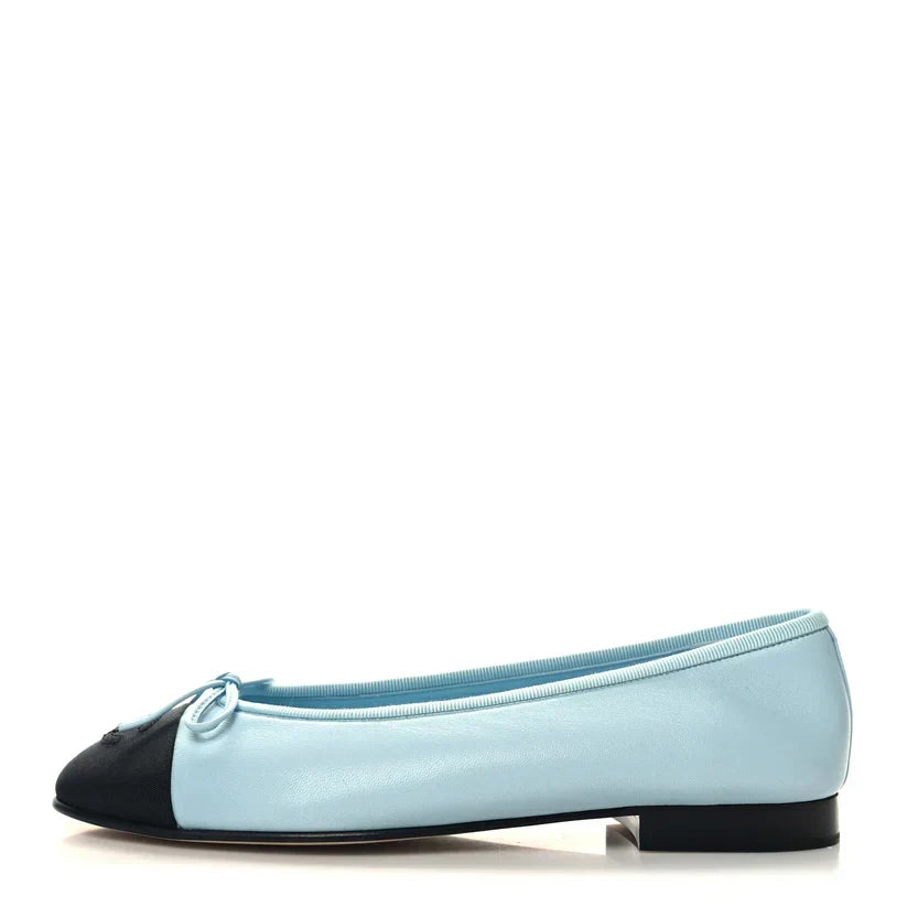 Chanel  Women's Loafers |  Lambskin Grosgrain Cap Toe CC Light Blue Black