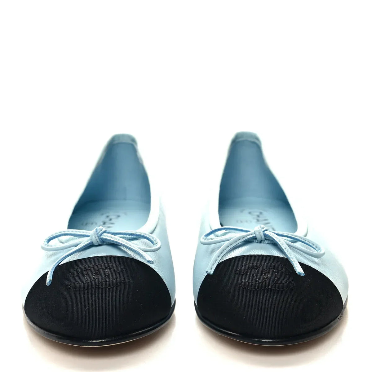 Chanel  Women's Loafers |  Lambskin Grosgrain Cap Toe CC Light Blue Black